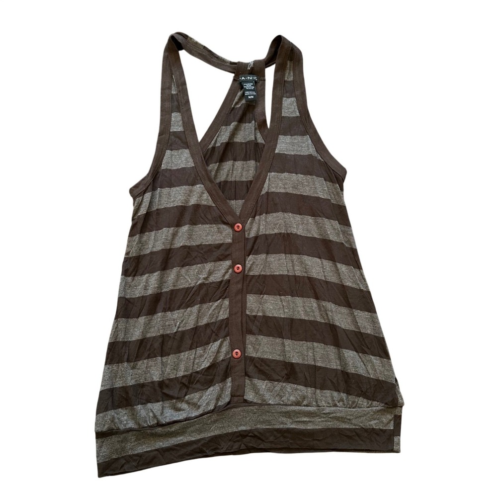 F.A.N.G Womens Brown Grey Striped Halter V-Neck Button Front Tank Top